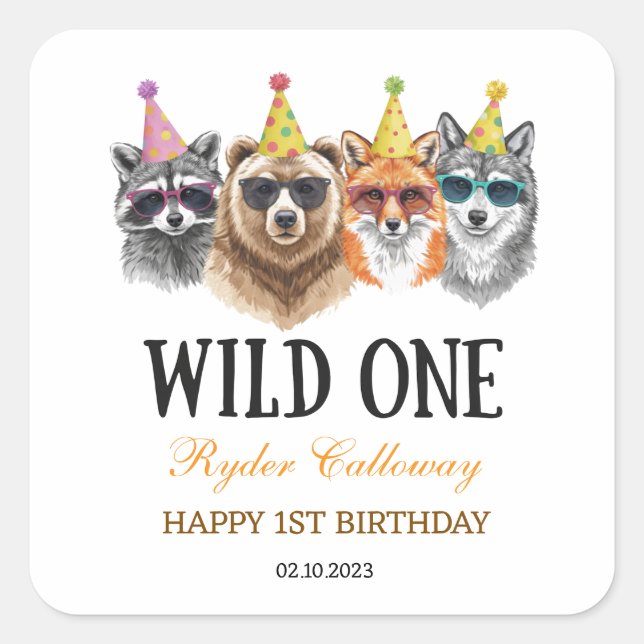 Pegatina Cuadrada Wild One Safari First Birthday – Jungle Animal  (Anverso)