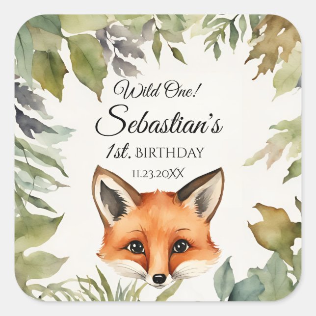 Pegatina Cuadrada Wild One Woodland Fox Birthday Party (Anverso)