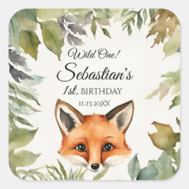 Pegatina Cuadrada Wild One Woodland Fox Birthday Party