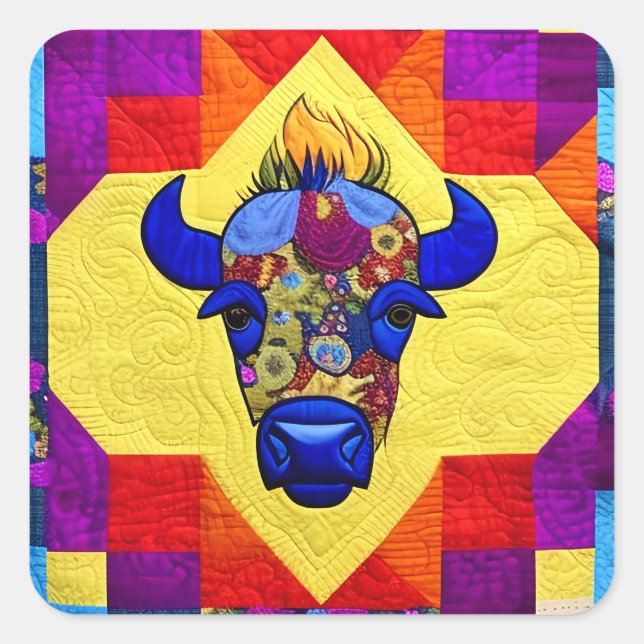 Pegatina Cuadrada Wild West Bison Quilt Like Design (Anverso)