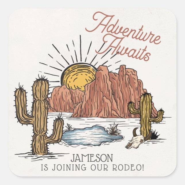 Pegatina Cuadrada Wild West Rodeo Baby Shower (Anverso)