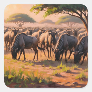 Pegatina Cuadrada Wildebeest en sabana