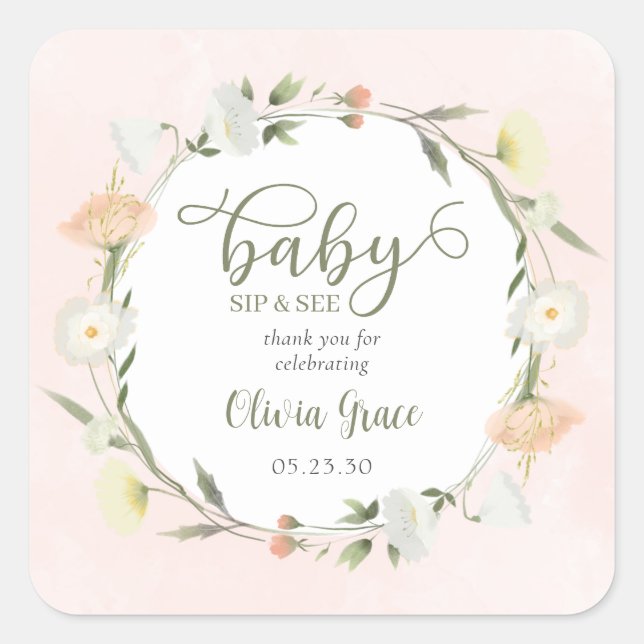 Pegatina Cuadrada Wildflower Baby Sip Y Ver Gracias (Anverso)