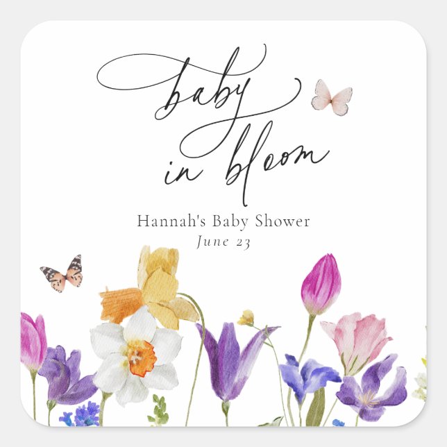 Pegatina Cuadrada Wildflower Bloom Baby Shower (Anverso)
