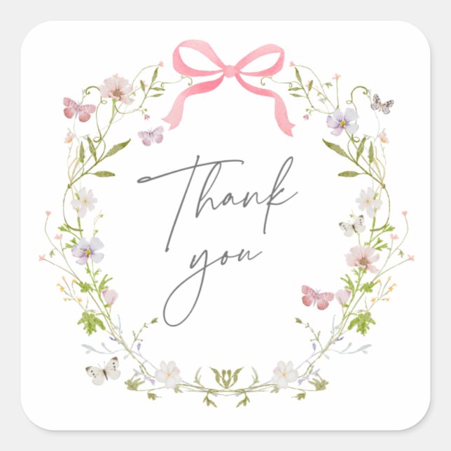 Pegatina Cuadrada Wildflower Bow Wreath Gracias (Anverso)