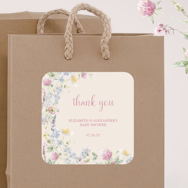 Pegatina Cuadrada Wildflower Couples Baby Shower (Subido por el creador)
