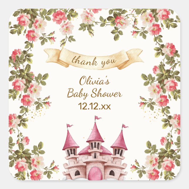 Pegatina Cuadrada Wildflower Fairytale Castle Baby Shower Thank You (Anverso)