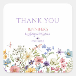 Pegatina Cuadrada Wildflower Girl 1st Birthday Thank You Sticker