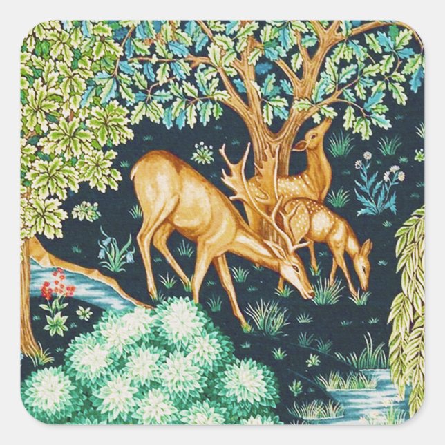 Pegatina Cuadrada William Morris Deer por una impresión de un tocado (Anverso)