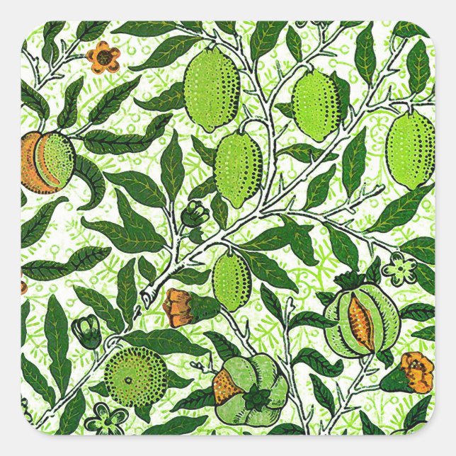 Pegatina Cuadrada William Morris Fruta Exótica, Lime Green (Anverso)