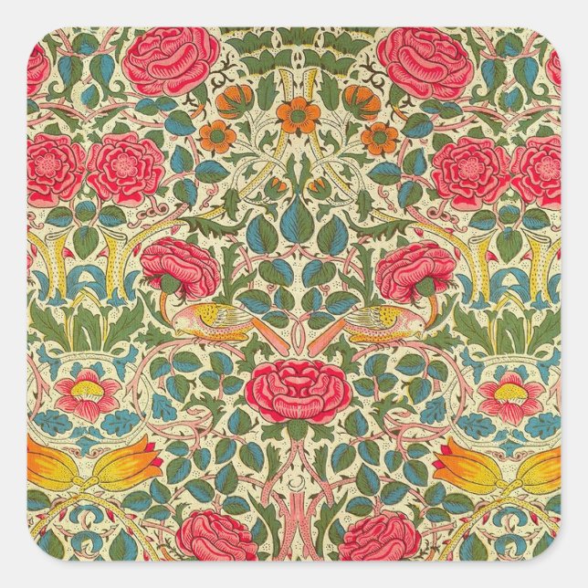 Pegatina Cuadrada William Morris Rosa Floral Chintz Pink (Anverso)