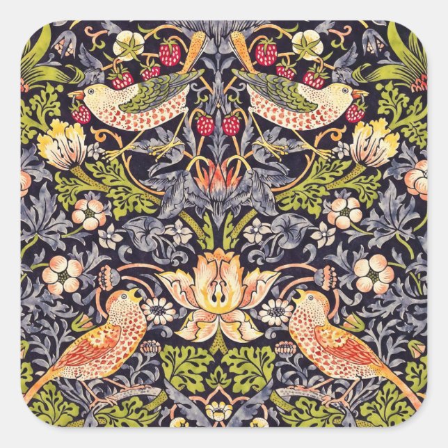 Pegatina Cuadrada William Morris Strawberry Thief Floral Art Nouveau (Anverso)