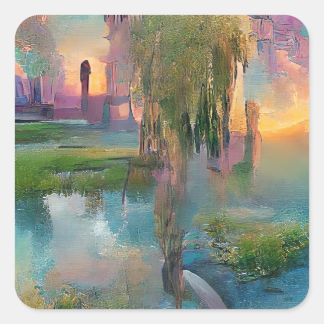 Pegatina Cuadrada Willow y la glicinia junto al estanque al atardece (Anverso)