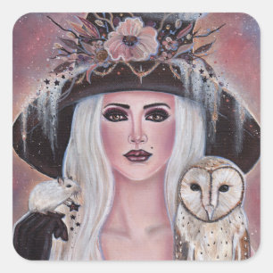 Pegatina Cuadrada Wilona Witch con búho y ratón por Renee Lavoie