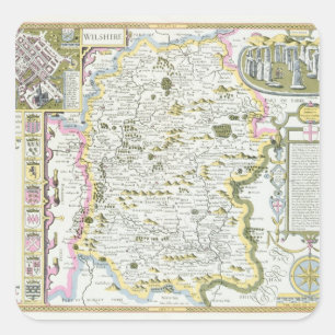 Pegatina Cuadrada Wiltshire, grabado por Jodocus Hondius