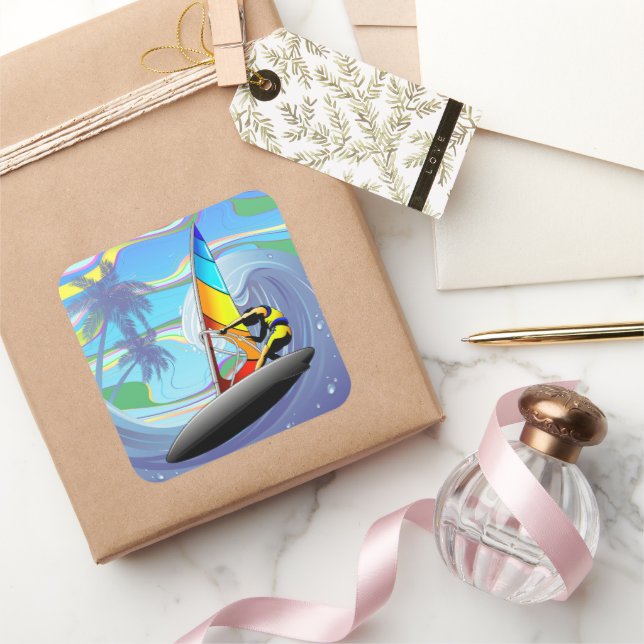 Pegatina Cuadrada WindSurfer sobre las olas del océano grande (Regalar)