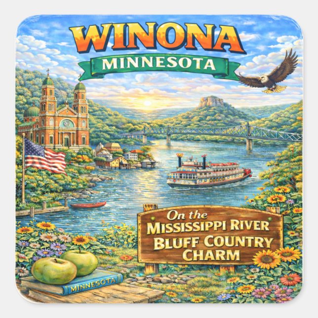 Pegatina Cuadrada Winona, MN Minnesota Souvenir Stickers (Anverso)