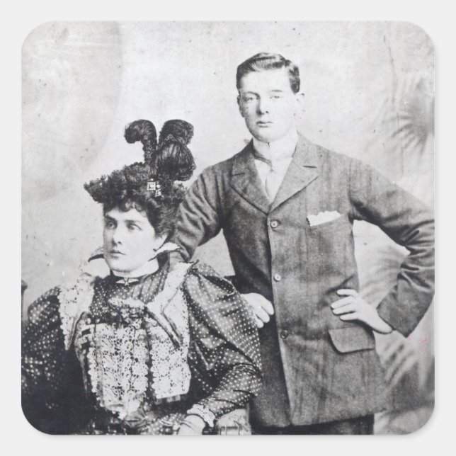 Pegatina Cuadrada Winston Churchill con su madre 2 (Anverso)