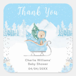 Pegatina Cuadrada Winter Bear Blue Sleigh Baby Shower Gracias