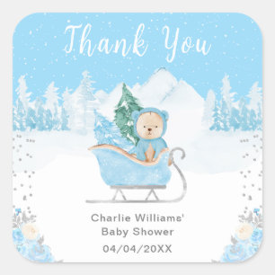 Pegatina Cuadrada Winter Bear Blue Sleigh Baby Shower Gracias