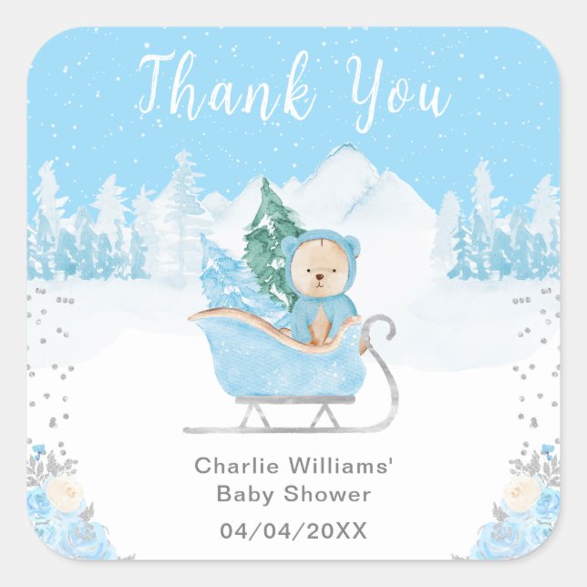Pegatina Cuadrada Winter Bear Blue Sleigh Baby Shower Gracias (Anverso)