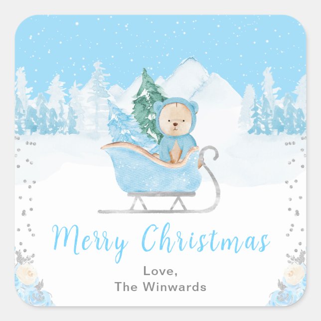 Pegatina Cuadrada Winter Bear Blue Sleigh Feliz Navidad (Anverso)