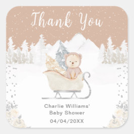 Pegatina Cuadrada Winter Bear Brown Sleigh Baby Shower Gracias
