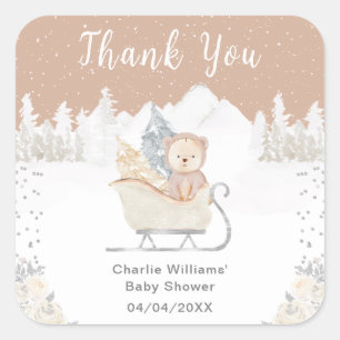 Pegatina Cuadrada Winter Bear Brown Sleigh Baby Shower Gracias