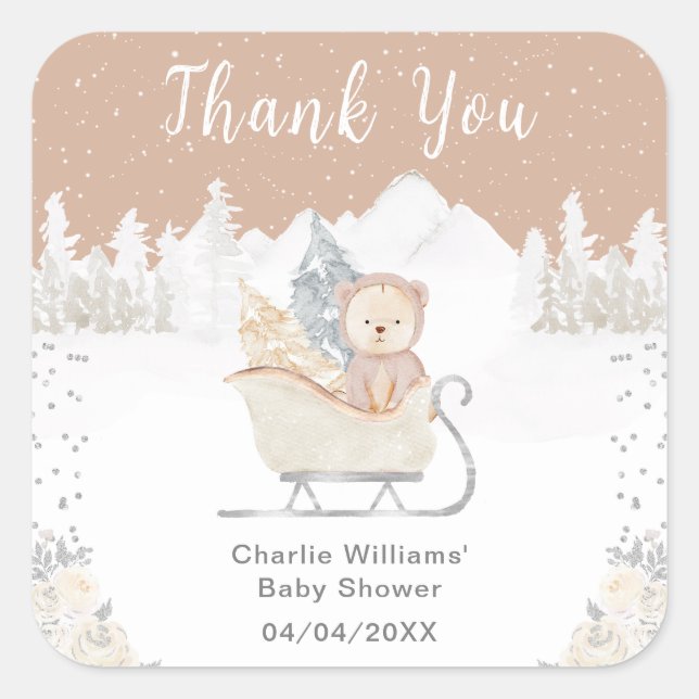 Pegatina Cuadrada Winter Bear Brown Sleigh Baby Shower Gracias (Anverso)