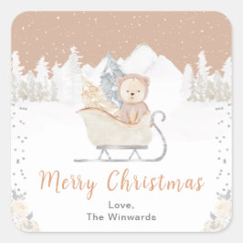Pegatina Cuadrada Winter Bear Brown Sleigh Merry Christmas