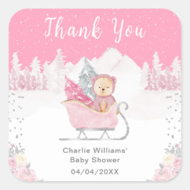 Pegatina Cuadrada Winter Bear Pink Sleigh Baby Shower Gracias