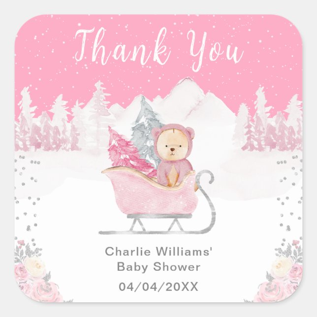 Pegatina Cuadrada Winter Bear Pink Sleigh Baby Shower Gracias (Anverso)