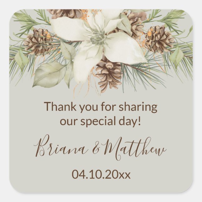 Pegatina Cuadrada Winter Beige Elegant Script Wedding Favor (Anverso)