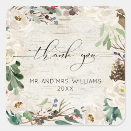 Pegatina Cuadrada Winter Birch Calligraphy Boda Floral Gracias