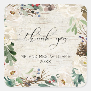 Pegatina Cuadrada Winter Birch Calligraphy Boda Floral Gracias