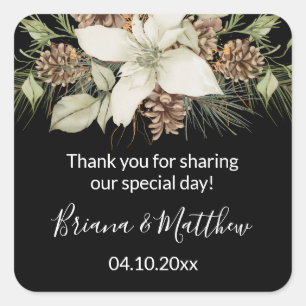 Pegatina Cuadrada Winter Black Elegant Script Favor de la Boda