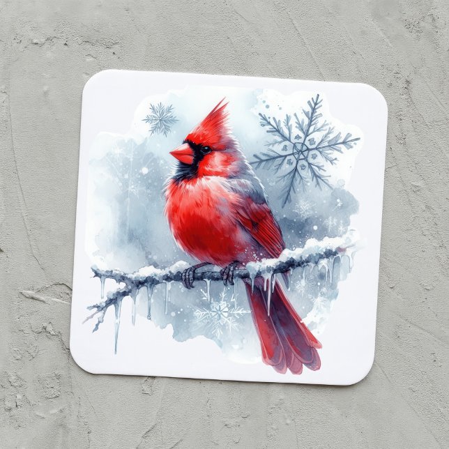 Pegatina Cuadrada Winter Cardinal with Snowflakes on Icy Branch (Subido por el creador)