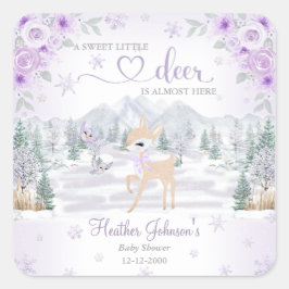 Pegatina Cuadrada Winter Deer Purple Snowflake Baby Shower