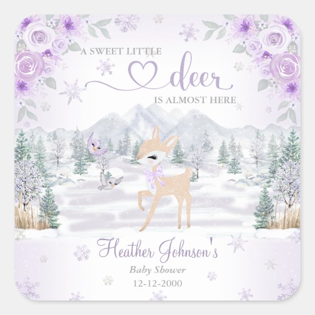 Pegatina Cuadrada Winter Deer Purple Snowflake Baby Shower (Anverso)