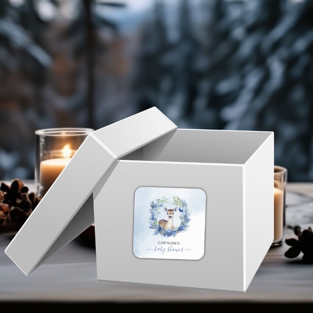 Pegatina Cuadrada Winter Deer Watercolor Baby Shower (Winter Deer Watercolor Baby Shower Square Sticker)
