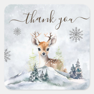 Pegatina Cuadrada Winter Forest Baby Deer Baby Shower Gracias