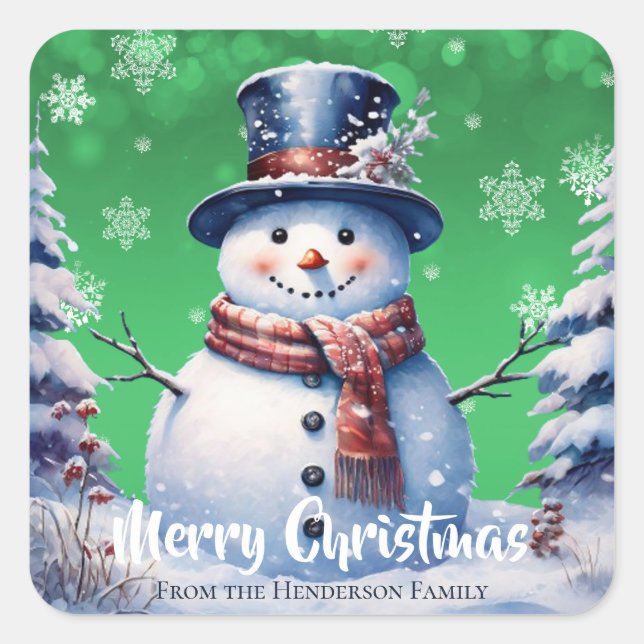 Pegatina Cuadrada Winter Forest Snowman Feliz Navidad | Green (Anverso)