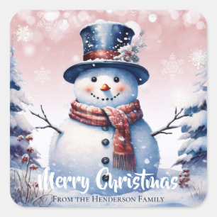 Pegatina Cuadrada Winter Forest Snowman Feliz Navidad   Rosa
