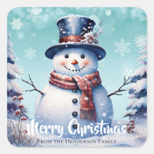Pegatina Cuadrada Winter Forest Snowman Feliz Navidad   Turquesa