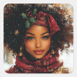 Pegatina Cuadrada Winter Glow Afrocentric Queen – Holiday Art