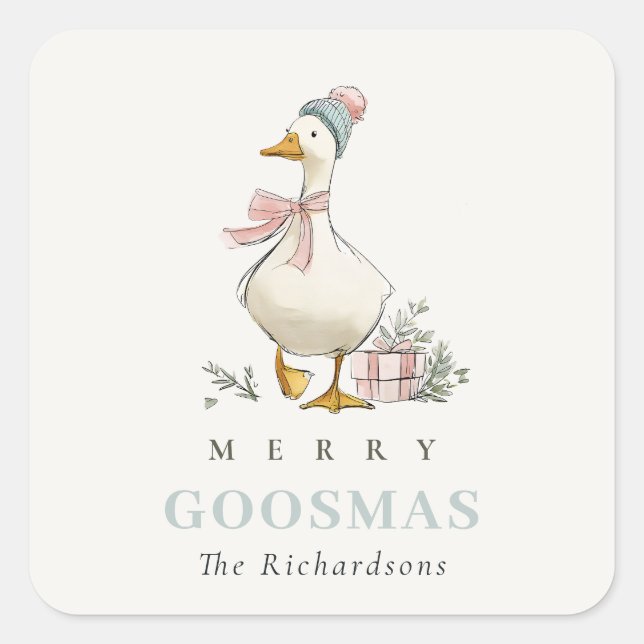 Pegatina Cuadrada Winter Goose Christmas Funny Merry Goosmas  (Anverso)