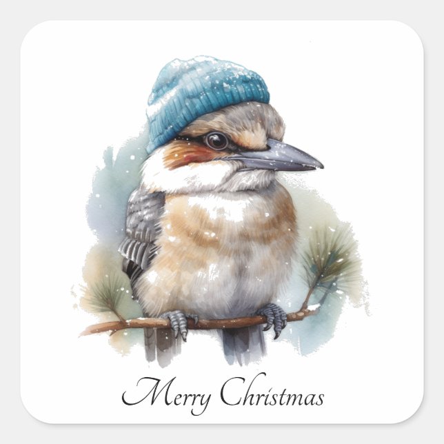 Pegatina Cuadrada Winter Kookaburra Deseos, personalizado (Anverso)
