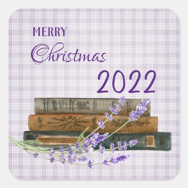 Pegatina Cuadrada Winter Lavender Book Feliz Navidad Feliz Navidad (Anverso)