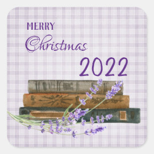 Pegatina Cuadrada Winter Lavender Book Feliz Navidad Feliz Navidad