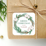 Pegatina Cuadrada Winter Merry Christmas Watercolor Greenery Wreath<br><div class="desc">Este pegatina de vacaciones personalizado cuenta con una cortina de agua de vegetación de invierno verde y marrón,  que incluye pinares y algodón. Las palabras "Feliz Navidad" aparecen en la letra verde del serif. Personalice el diseño con su apellido en cursiva marrón.</div>